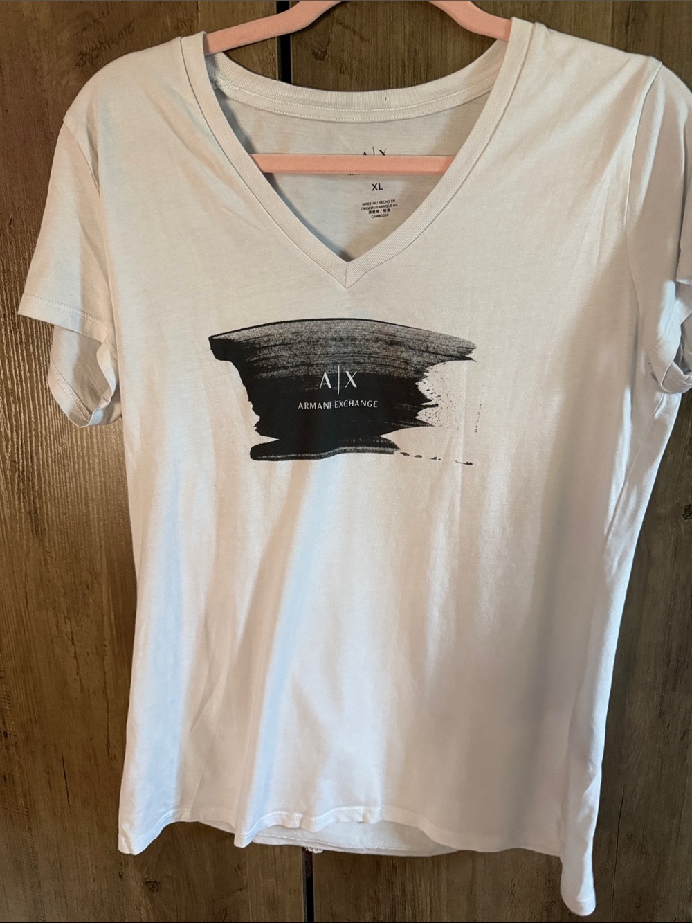 Armani Exchange White V-Neck Tee with Black Brushstroke Logo